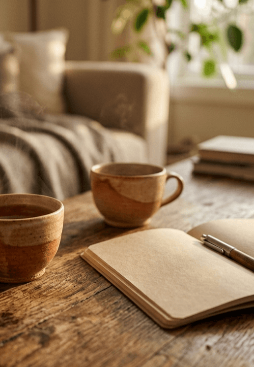 סצינה נינוחה במפגש בקליניקה עם תה ואווירה רגועה