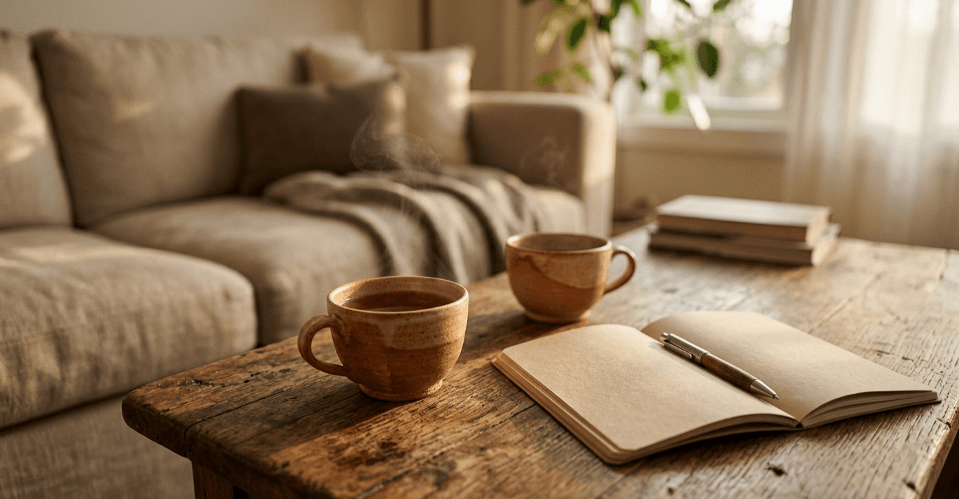 סצינה נינוחה במפגש בקליניקה עם תה ואווירה רגועה